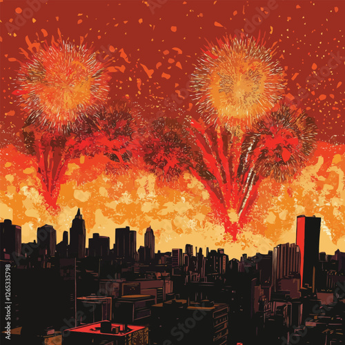 A vector of fireworks exploding over a city skyline