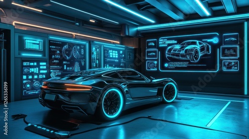 Futuristic car in neon garage, design review