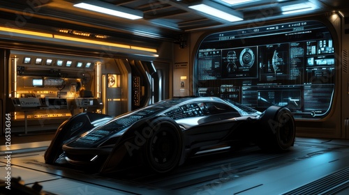 Futuristic car garage, digital screens, repair