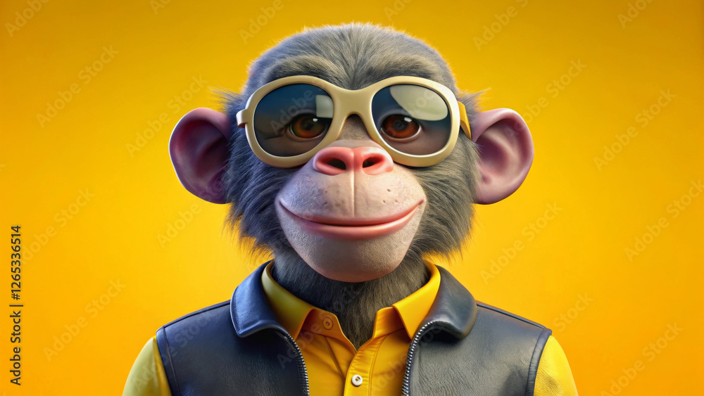 A stylish monkey sporting large sunglasses and a leather vest smiles against a vibrant yellow background. The playful expression and modern attire give the character a trendy and cheerful vibe.AI A stylish monkey sporting large sunglasses and a leather vest smiles against a vibrant yellow background. The playful expression and modern attire give the character a trendy and cheerful vibe.AI