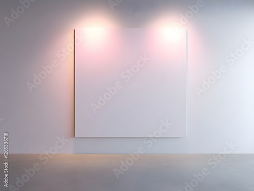 A square white wall illuminated by two soft pink spotlights, positioned in a quiet gallery with a smooth light-grey concrete floor and ambient shadows.