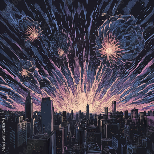 A vector of fireworks exploding over a city skyline