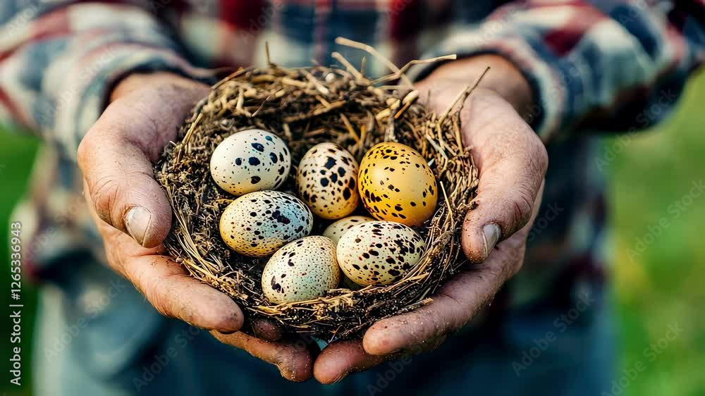 farmer holding quail eggs and quail.
