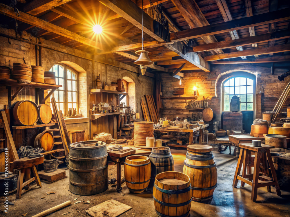 rustic workshop filled with wooden barrels, tools, and warm lighting rustic workshop filled with wooden barrels, tools, and warm lighting