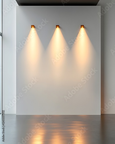 A trapezoidal white wall illuminated by four warm amber spotlights, located in a modern gallery with smooth metallic flooring and subtle lighting.