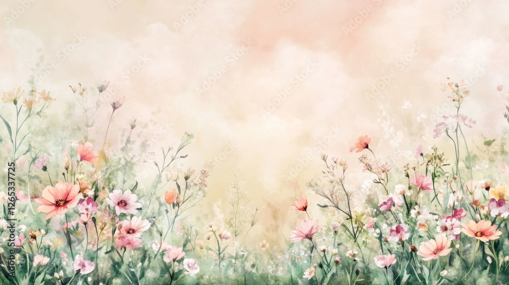 Fototapeta premium Pastel floral meadow, dreamy sky, wall art