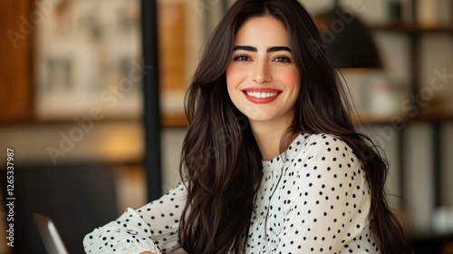 Wallpaper Mural Smiling woman cafe laptop workday background Torontodigital.ca