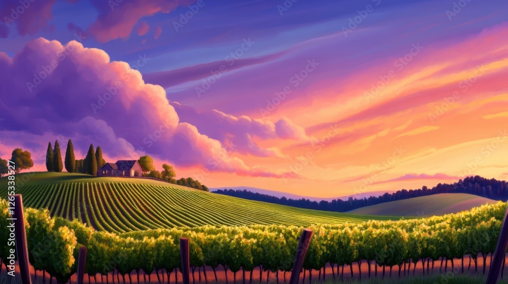 Fototapeta premium A picturesque view of rolling vineyards under a vibrant sunset sky