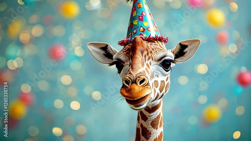 Happy giraffe celebrating birthday in a festive hat against a background of confetti