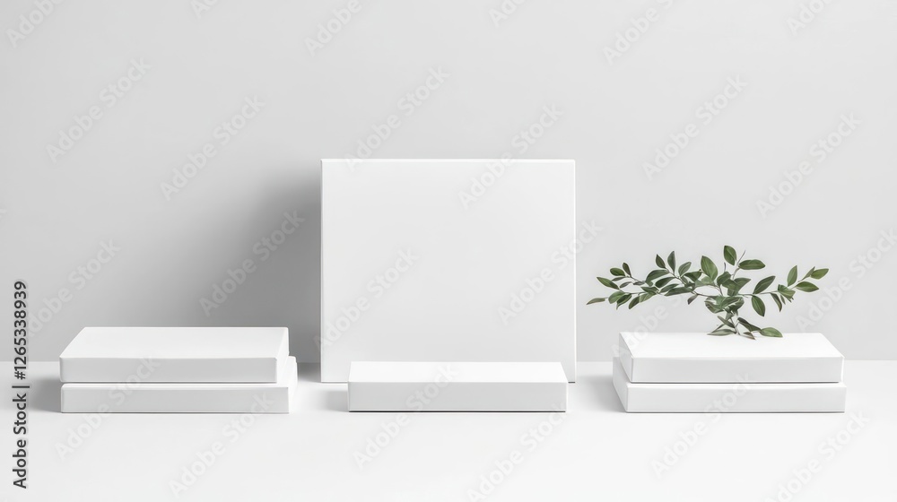 Three White Platforms With Green Branch On White Background Three White Platforms With Green Branch On White Background