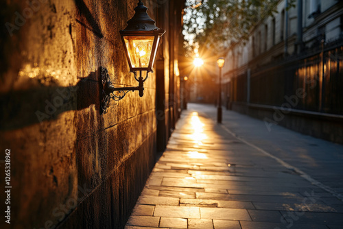 Evening sunlight illuminates a quiet street with lamplights casting warm glows in an urban environment photo