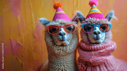 Wallpaper Mural High-Energy Alpaca Party Animals Strutting Their Stuff in Vibrant Outfits & Hats on Bold Colorful Background for Birthday Bash Invitation Card & Advertising Campaign Torontodigital.ca