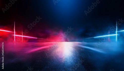 empty background scene dark reflection of the street on the wet asphalt rays of blue and red neon light in the dark neon figures smoke background of empty stage show abstract dark background