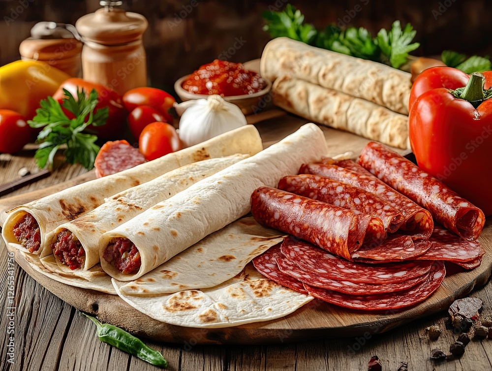A top-down view showcasing a feast of authentic lavash flatbread in a traditional, rustic setting, capturing culinary delights through food photography A top-down view showcasing a feast of authentic lavash flatbread in a traditional, rustic setting, capturing culinary delights through food photography