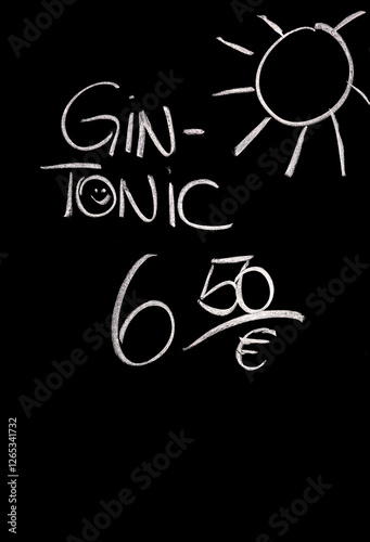 Ein Werbeschild, Reklameschild für fGin Tonicr. Täglicher Ausschank.
