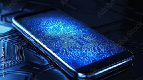 A smartphone encased in a metallic vaultlike shell with intricate circuit patterns etched on its surface. The screen vividly showcases a fingerprint scanning interface representing photo