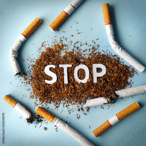 Broken Cigarette and Tobacco with Stop Message Concept