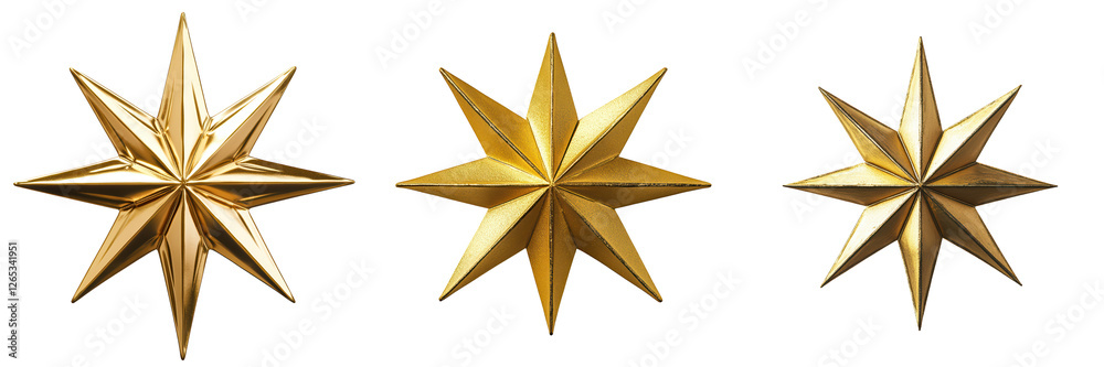 Golden Star Decorations with Unique Geometric Designs and Textures, isolated on transparent background. Golden Star Decorations with Unique Geometric Designs and Textures, isolated on transparent background.