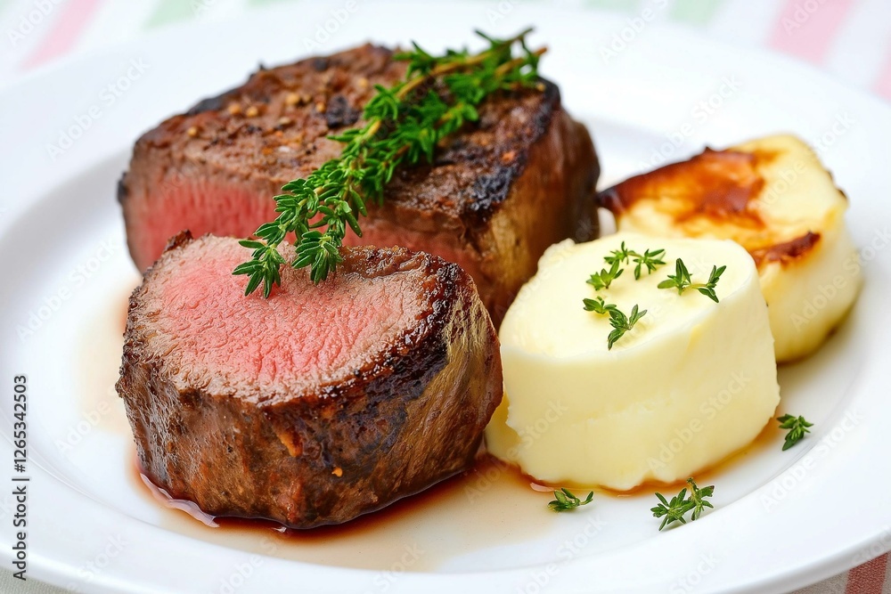 A delicious plate of cooked beef with mashed potatoes and herbs, perfect for culinary inspiration and meal presentations. A delicious plate of cooked beef with mashed potatoes and herbs, perfect for culinary inspiration and meal presentations.