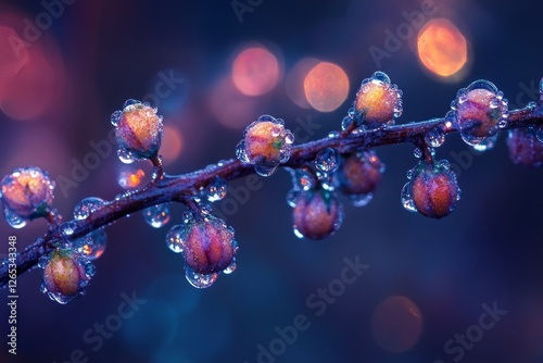 Juniper berries clustered on a branch, glistening with morning dew photo