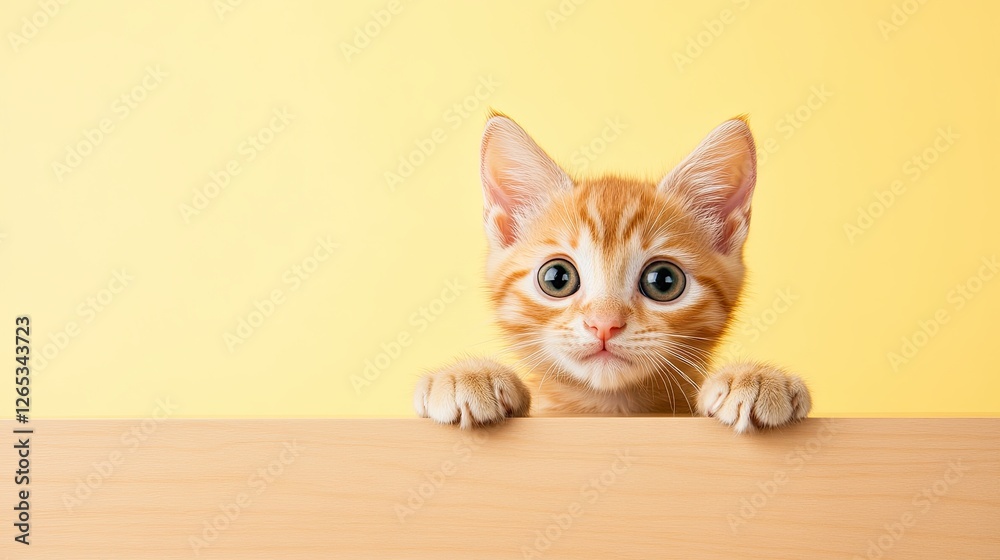 A cute tabby cat peeking over a table, with a yellow background A cute tabby cat peeking over a table, with a yellow background