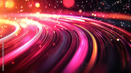 Abstract swirling lines of pink and orange light in a dark space. Background sparkles.  Possible use digital design photo