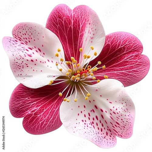 Beautiful pink and white flower with intricate petal patterns and delicate yellow stamen in vibrant color palette photo