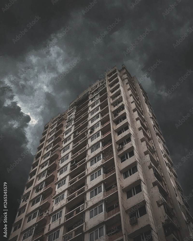 Fototapeta premium Low-angle photograph of a tall building, with a gray concrete texture and a dark sky. 