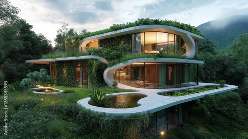 Futuristic eco-home with self-sustaining systems, vertical gardens, and biophilic design, modern nature-inspired minimalism.