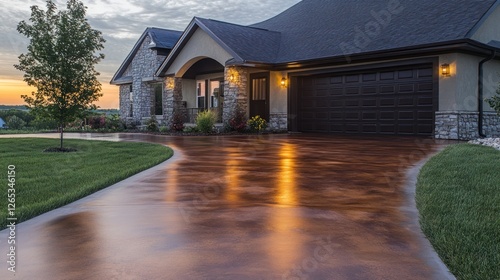Sunset stained concrete driveway, suburban home