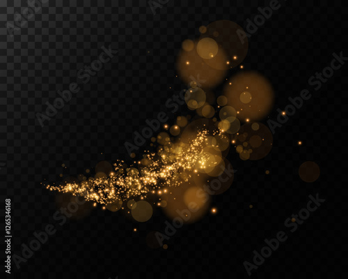 A glowing golden light trail with scattered sparkles and bokeh orbs, floating elegantly against a deep black background, creating a magical and luxurious atmosphere.