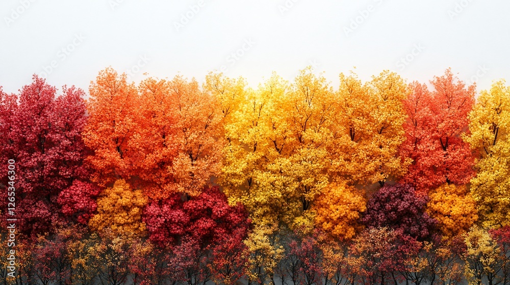 Vibrant autumn trees displaying a gradient of orange, yellow, and red leaves in a serene landscape