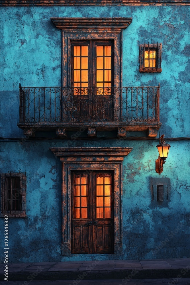 Obraz premium Old blue building facade with a balcony and windows at night in the city of Guanajuato, Mexico, illuminated by warm street light