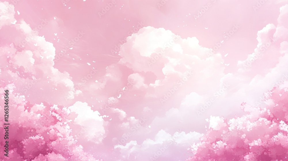 Fototapeta premium Pink blossom trees, dreamy sky, falling petals, spring