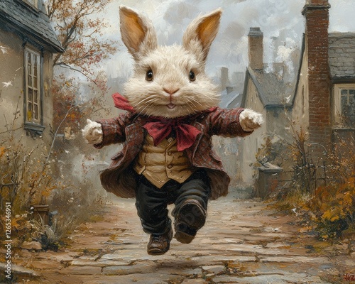 Whimsical rabbit running in quaint village