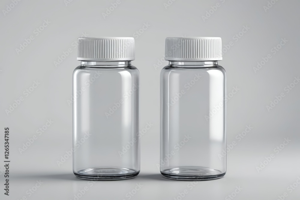 two empty clear bottles with white caps on a gray surface two empty clear bottles with white caps on a gray surface