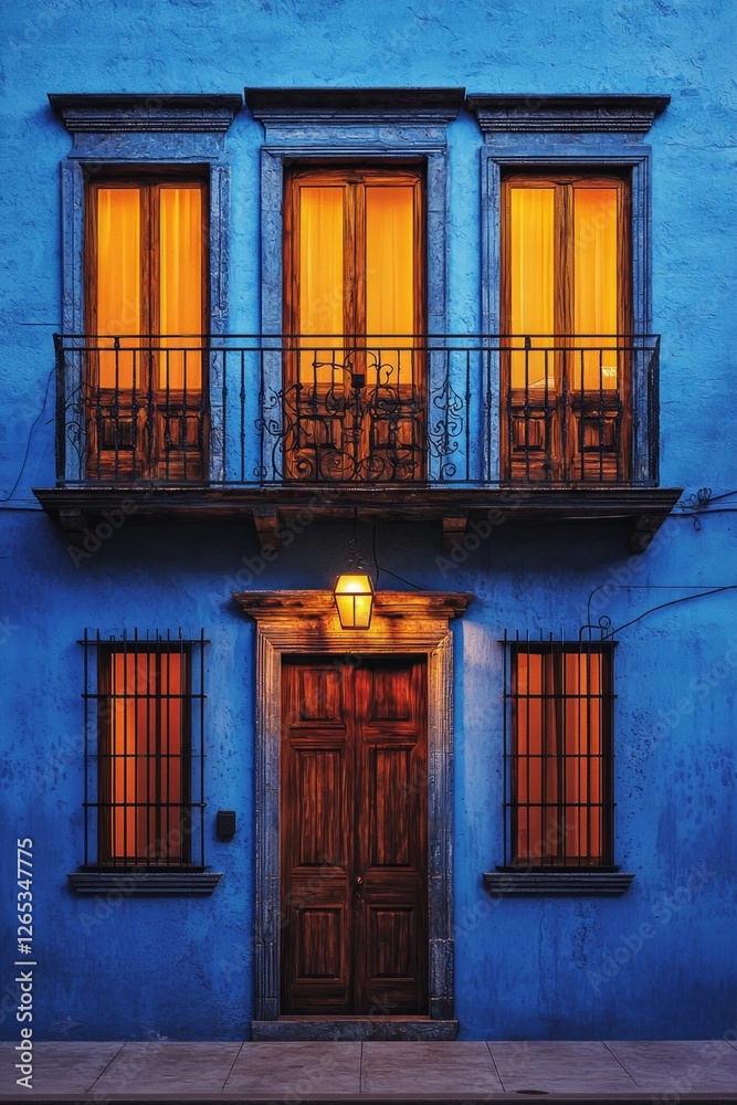 Obraz premium Old blue building facade with a balcony and windows at night in the city of Guanajuato, Mexico, illuminated by warm street light