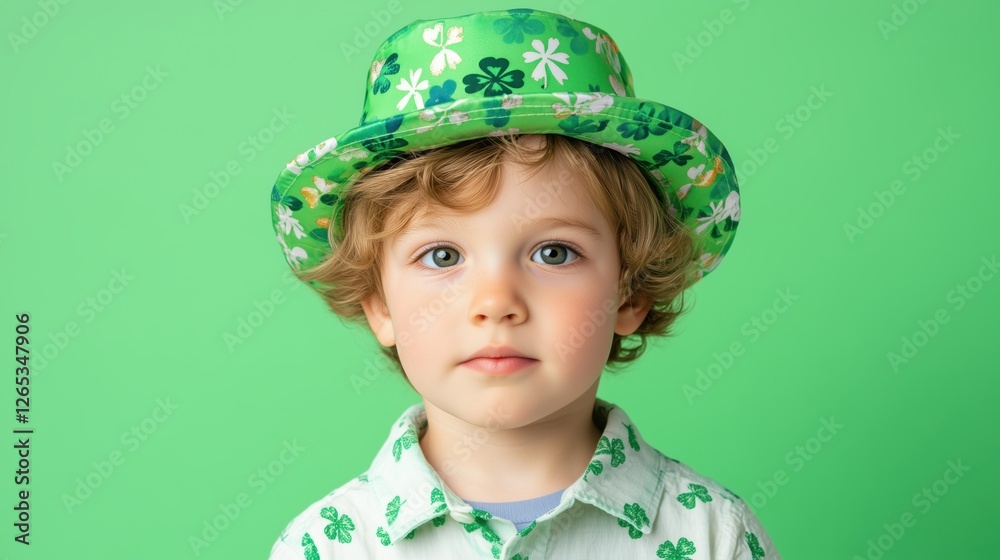 Young boy dressed in festive green St. Patrick's Day attire with a playful hat celebrating a lively occasion Young boy dressed in festive green St. Patrick's Day attire with a playful hat celebrating a lively occasion