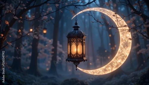 Mystical Night with Moroccan Lantern and Crescent Moon - Enchanting Forest Scene with Ambient Lights