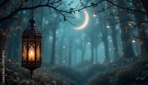 Mystical Night with Moroccan Lantern and Crescent Moon - Enchanting Forest Scene with Ambient Lights