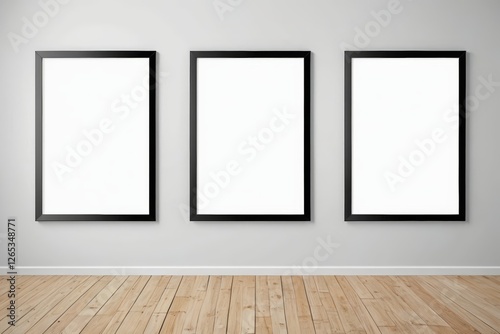 three empty picture frames on a wall in a room