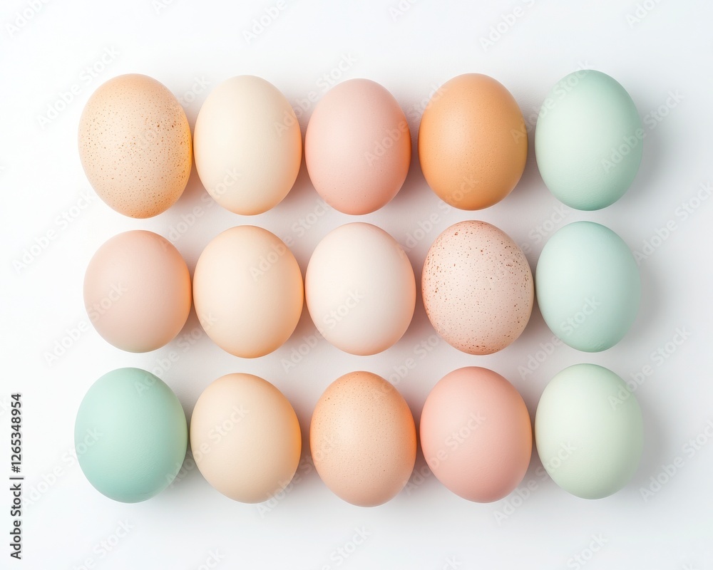 A visually appealing arrangement of pastel-colored eggs on a white surface, showcasing a variety of soft hues. A visually appealing arrangement of pastel-colored eggs on a white surface, showcasing a variety of soft hues.