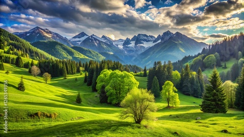 Serene Highland Landscape with Trees, Mountains, and Greenery