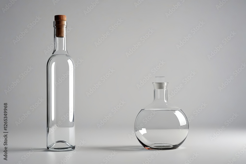 there is a bottle and a glass vase on a table there is a bottle and a glass vase on a table