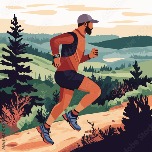 A vector of a runner wearing a smartwatch on a trail