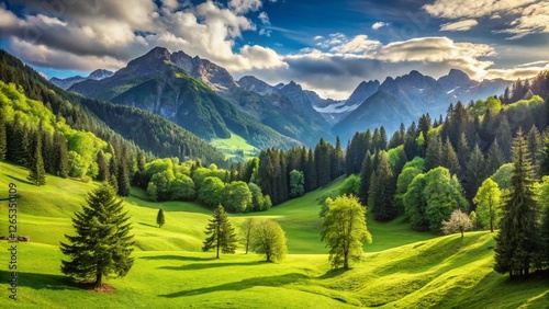 Serene Highland Landscape with Trees, Mountains, and Greenery