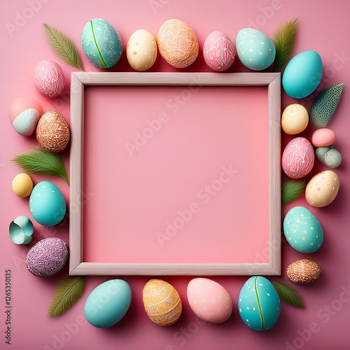 Colorful Easter Eggs Frame on Pink Background