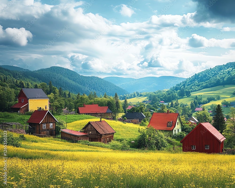 Obraz premium Rural village with scenic countryside landscape, quiet mountain views, fresh fields, calm forest hills, natural and simple green scenery