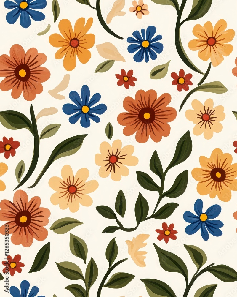 Fototapeta premium A vibrant floral pattern featuring colorful flowers and leaves on a light background, perfect for textiles or home decor.