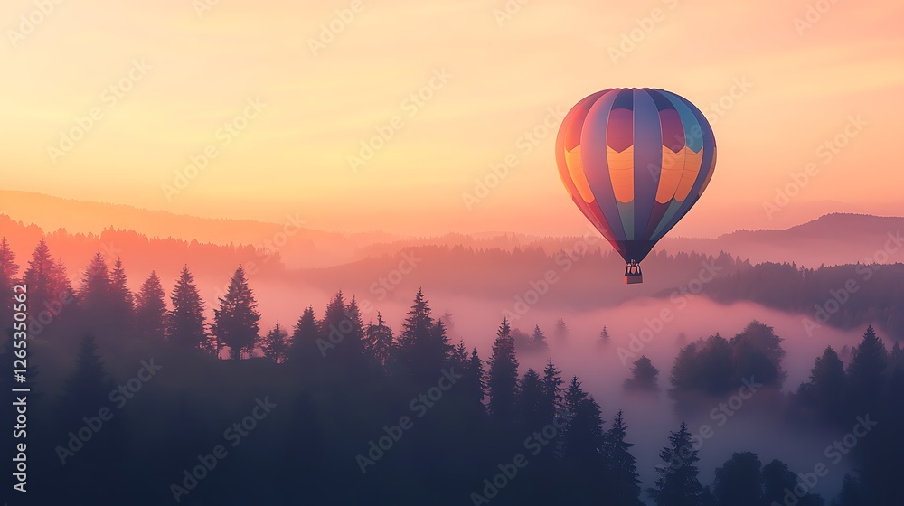 Obraz premium Hot Air Balloon Soaring Over Misty Mountain Forest at Sunrise